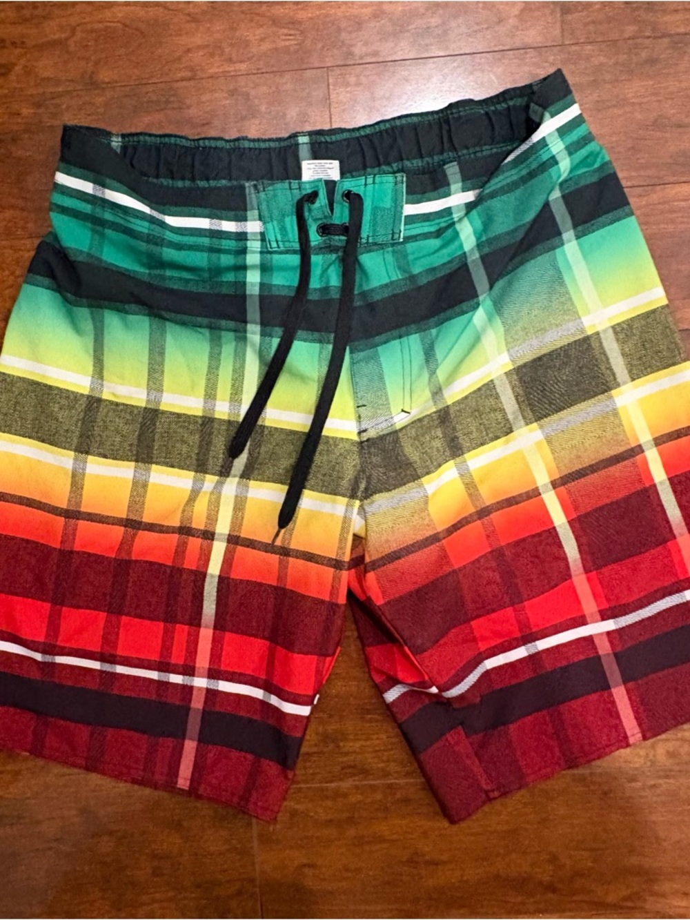 Hang Ten Men’s Multicolor Plaid Swim Trunks - Green/Yellow/Red